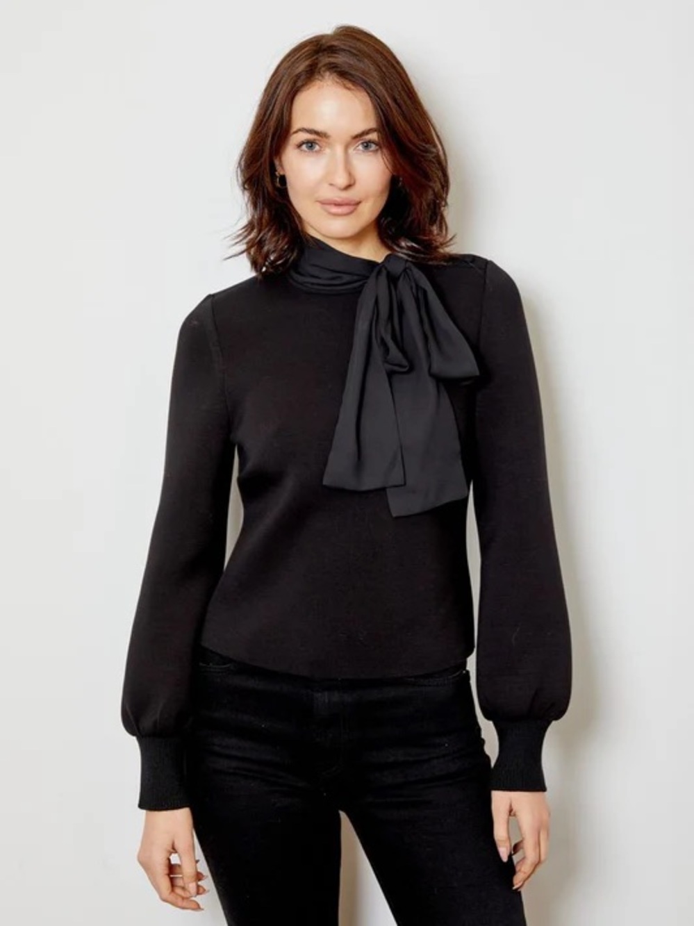Antonio Melani Lela Mock Neck Silk Satin Bow Long Sleeve Black Blouse Shirt M